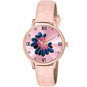 The Shopoholic Pink Color Flower Dial Designer Leather Belt Analog Watch for Women and Girls