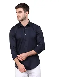 Jeyachandran Textiles Native Bull Poly Cotton Tonal Stripe Navy Blue Full Sleeve Casual Shirt for Men