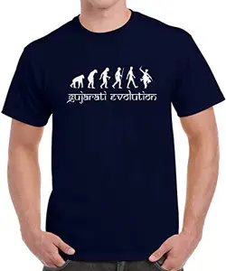Caseria Men's Round Neck Cotton Half Sleeved T-Shirt with Printed Graphics - Gujarati Evolution Boy (Navy Blue, XL)