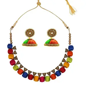 GOELX Multicolor Bails Silk Thread Beads Necklace Set with Jhumki Earrings