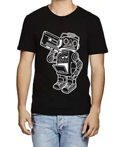 Caseria Men's Round Neck Cotton Half Sleeved T-Shirt with Printed Graphics - Music Robot (Black, XXL)
