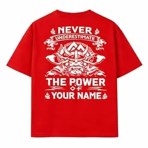 Crafted Signature Back Print Pure Cotton Graphic Print Round Neck Half Sleeves Fit Unisex T-Shirt Featuring Viking Warrior Design “Never Underestimate The Power Your Name”(BKP-06-TS-NEVER)