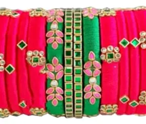 Blue jays hub Silk Thread Bangles New kundan Style Green And Red color Set Of 16 for Women/Girls (2-8)