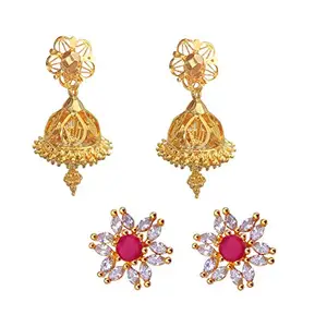 oh wow 1 gram gold american diamond women stud earrings jhumki pack of 2 (Red+White)