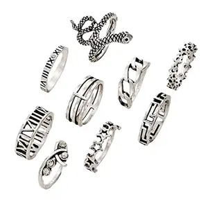 Jewels Galaxy Jewellery For Women Silver Plated Snake inspired Stackable Rings Set of 9 (JG-PC-RNGM-2740)