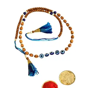 CraftEarth - Crafting Your Curiosity Double-Layered Evil Eye Rakhi – RK-107 | Wooden Bead Rakhi with Evil Eye & Blue Tassels