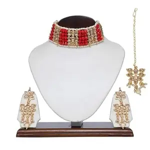 RAMya ENTERPRISE Unveiling the Enchanting Kundan Stone and White Pearls choker Sets with Matching big long Earrings AND Beautiful Maangtika for Wedding Available In different Colours (RED)
