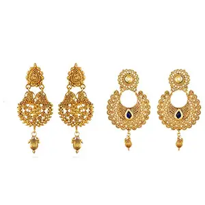 Kennice Kundan Desinger Gold Plated Dangle & Drop Jewellery Earrings Combo Of 2 For Women & Girls
