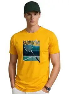 ADRO Mens Badminton Graphic T-Shirt | Cotton Lycra Tshirt | 180 GSM Stretchable Crew Neck Sports Tee | Breathable Casual T Shirt for Men