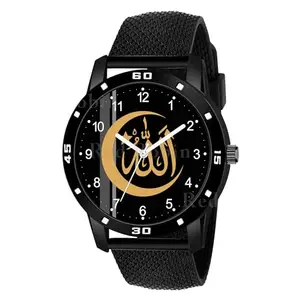 Gadgets World Analogue Allah Chand Design Round Dial Latest Fashion Attractive Silicone Black Strap Stylish Wrist Watch for Muslim Men and Boys, Pack of 1 - IW006-NUM-AVO-BLK-SFR