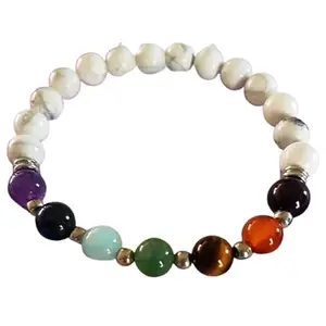 Lady Works Natural 7 Chakra Stone & Howlite 8mm Round Shape Smooth Cut Beads 6.5 Inch Stretchable Bracelet For Men & Women. Unisex Bracelet For Healing, Meditation, Prosperity, Gift & Luck|LW_BRST_00078_6.5