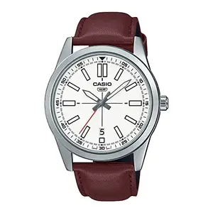 Casio Men Leather Analog White Dial Watch-Mtp-Vd02L-7Eudf, Band Color-Brown