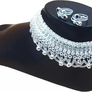 Beautiful Silver Plated Bridal Payal For Women One Pair 2Toering Alloy Anklet