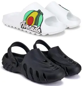 Pampy Angel Combo Pack of 2 Slipper/Flip Flops/Slides/Clogs/Sandals with Adjustable Back Strap for Men,(Y-To-Avcdo-White,Cl-100-Black),9 (UK/India)