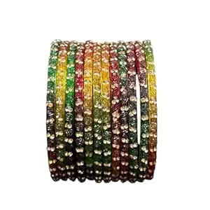 Glass Bangle Women's Traditional designer glass zircon bangles set with rose pattern and golden stone work stylish for occasional wear(Pack of 12 Pcs)