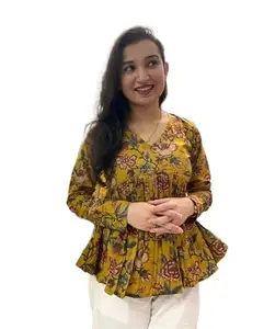 Vamika Creation Beautiful Floral Print Babydoll Mini Top Dress, Rayon, V-Neck, Long Sleeve, Trending Top for Women & Girls (Mustard, Medium)