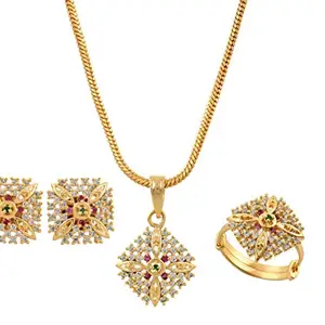 Handicraft Kottage American Diamond Pendant, Earring, Ring Set Fashion Jewellery for Women/Girl (Style1)