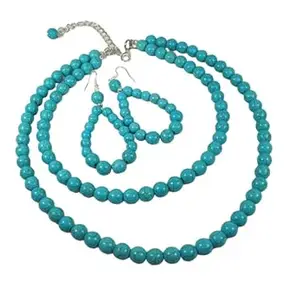 MANBHAR GEMS - Turquoise Gemstone Beads 2 Layer Necklace and Earrings Jewellery Set Firozi Colour 8 MM Beaded Mala For Women and Girl Fashion Jewelley
