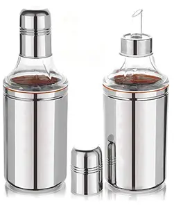 Kuber Industries Stainless Steel 2 Pieces Oil Dispensers for Kitchen use with Sharp Finish, Slim, Stylish and Trendy Look 1 Litre (Silver)