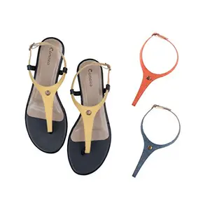 Cameleo -changes with You! Women's Plural T-Strap Slingback Flat Sandals | 3-in-1 Interchangeable Strap Set | Yellow-Red-Dark-Blue