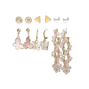 Vembley Combo of 6 Pair Gold Plated Flower Stud And Butterfly Pearl Hoop Earrings For Women And Girls