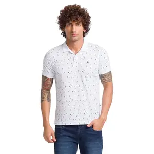 Parx Men's Regular Fit Pure Cotton Print Pattern Half Sleeve Polo Neck White Casual T-Shirt (Size: 42)-XMKB05926-W1