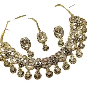 TheCryscent Vintage Style Statement Necklace Set with Iridescent Crystals| Antique Gold Finish| Geometric Design| Matching Earings With Tikka