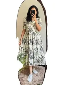 Brown Floral Print Dress, Short Sleeve, Fit and Flare Style, Knee Length, Cotton Blend