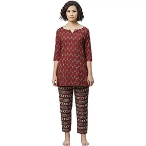 anubhutee Women's Cotton Printed Straight Night Suit Set with Top & Pyjamas ANU2001348_S_Maroon