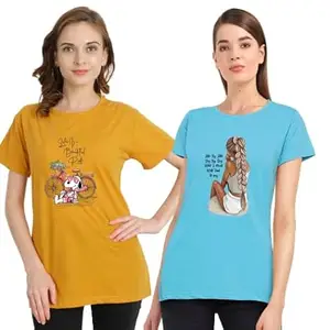 Women's T-Shirts Combo, Cotton Half Sleeves Round-Neck Printed T-Shirt for Girls, & Women Tees (Pack of 2) (Mustard & Light Blue, 5XL) (10913)