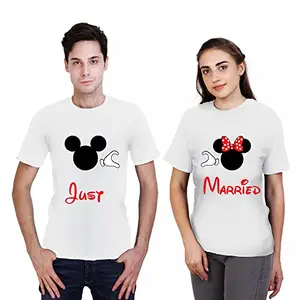 LIMIT Fashion Store -Just Married Unisex Anniversary Honeymoon Gift Couple T-Shirts (Men-M/Women-XL) White