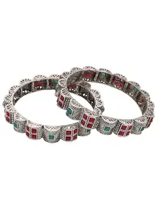 Silver Oxidised Curved Designed Red and Green Stone Studded Bangles Set of 2
