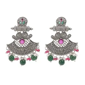 Shining Jewel - By Shivansh Shining Jewel Traditional Indian Matte Silver Oxidised CZ, Crystal Studded Drop Earring For Women - Silver, Green (SJE_130_S_G)