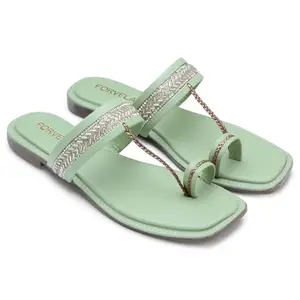 FORVELA Women's Ethnic Casual Flats Sandals Stylish and Comfortable Footwear for Party & Daily Wear (GREEN, 7)