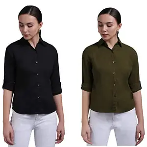 FUNDAY FASHION Women Solid Casual/Formal Button Down Shirt (Pack of 2) (Black-Green, XXX-Large)