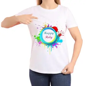 Happy Holi Festival T-Shirt, White Cotton, Colourful Splash Design, Round Neck for Girls Women (in, Alpha, XL, Regular, White)