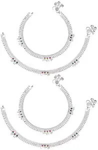 AanyaCentric White Metal Silver Plated Payal Anklet for Women & Girls (Silver Plated/2 Pairs)