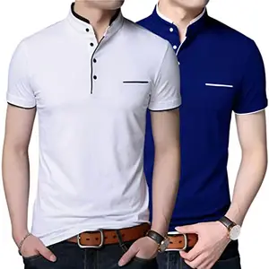 GulGuli Mandarin Collar Half Sleeve T-Shirt for Men and Boys Combo Pack of 2 (White and Royal Blue)
