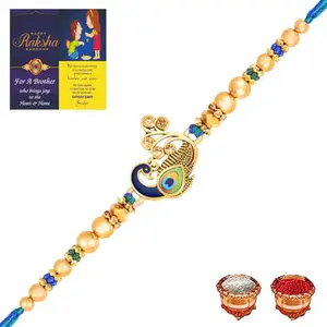 De Marquis 1 Designer Rakhi | RG-02592 Pearl, Kundan, Mauli Thread Rakhee for Brother | Roli-Chawal | Best Wishes Greeting Card