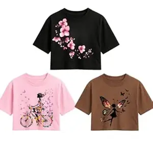 CRT ENTERPRISES Women’s Printed Crop Top Combo | Soft Cotton Blend Short Sleeve Cropped T-Shirt | Trendy Floral, Butterfly & Artistic Designs | Casual Wear for Girls & Women Pack of 3