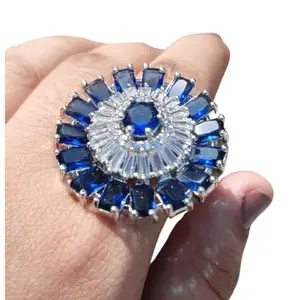 American Diamond Studded Handcrafted Adjustable Blue Flower Shape Finger Ring for Women's