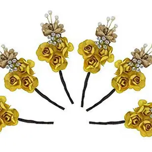 Inaaya Hair Juda Bun Flower Pins For Women Hair Styling Accessories (Yellow) (Set of 6 Pcs) Pack of 1