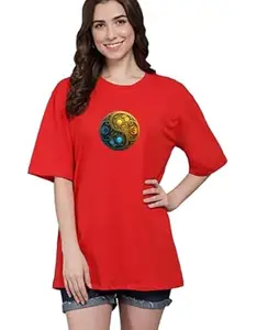 RARE BEAR Women's yin yang Symbol Print Pure Cotton t-Shirts Half Sleeve Oversized Funky Casual Classic Stylish wear for Women & Girls tees (Small, Red)