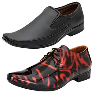 Vitoria Trendy Formal Shoes/Party Shoes/ 2 Shoes Combo with Free Belt for Men and Boys (BAZAAR7790_VTR01-Blk-Red-2003-Bdr) Multicolor