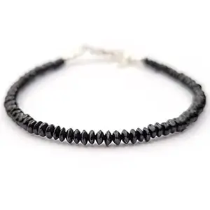 RRJEWELZ Black Spinel Bracelet for Men & Women – 4mm Button Smooth Black Beads – 7 inch adjustable with Silver Plated Clasp – Healing, Fashion, Gift, Spiritual, Yoga|LCBR_RR_01125