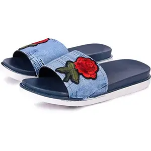 Joda Ghar Women's Slippers Indoor House or Outdoor Latest Fashion Blue Flipflop Slipper for Women - EU Size 36 | UK Size 3 [Denim Rose Slide-Blue]