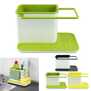 GRAHINI Plastic Kitchen Sink Organiser 3 in 1 Dish Washer Drainer Wall Mounted Stand Green and Ceramic Colour, with Sponge, Cloths, and SOAP Holder