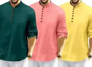 FINIVO FASHION Combo of Men’s Casual Full Sleeve Kurta Style Shirt with Button Placket |Regular Fit Ethnic Fusion Wear| Lightweight Breathable Fabric |for Daily & Festive Use Pack of 3