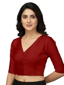 Mehrang V-Neck Taffeta 3/4 Sleeves, Front Hook Closure with Smocked Side Panel, Full Back Covered Readymade Saree Blouse for Women