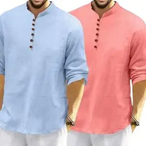 FINIVO FASHION Combo of Men’s Casual Full Sleeve Kurta Style Shirt with Button Placket, Lightweight Breathable Fabric, Regular Fit Ethnic Fusion Wear for Daily & Festive Use Pack of 2